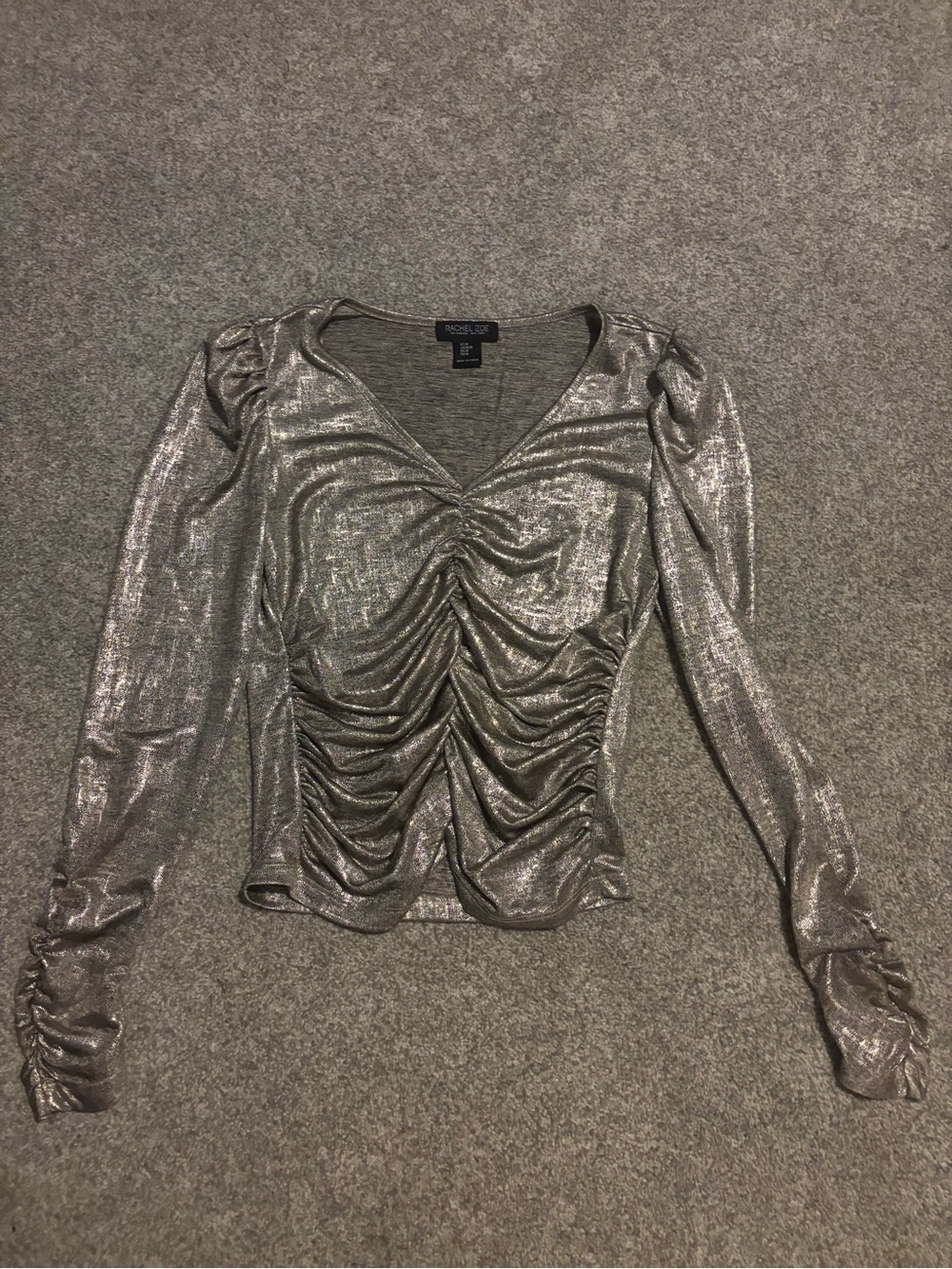 Rachel Zoe Metallic Ruched Long-Sleeve V-Neck Top - Silver